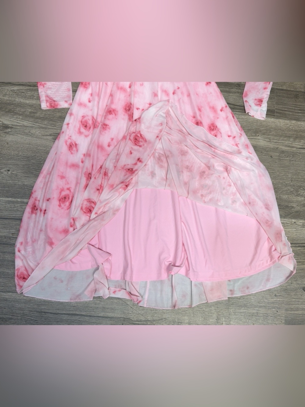 Blush Pink Floral Long-Sleeve Midi Dress with Square Neck Size L - Picture 7 of 10
